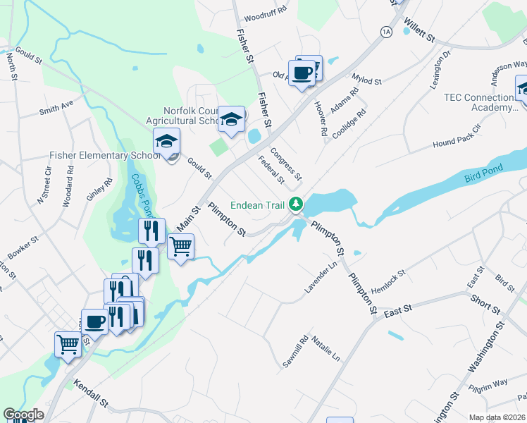 map of restaurants, bars, coffee shops, grocery stores, and more near 31 Fairmont Street in Walpole