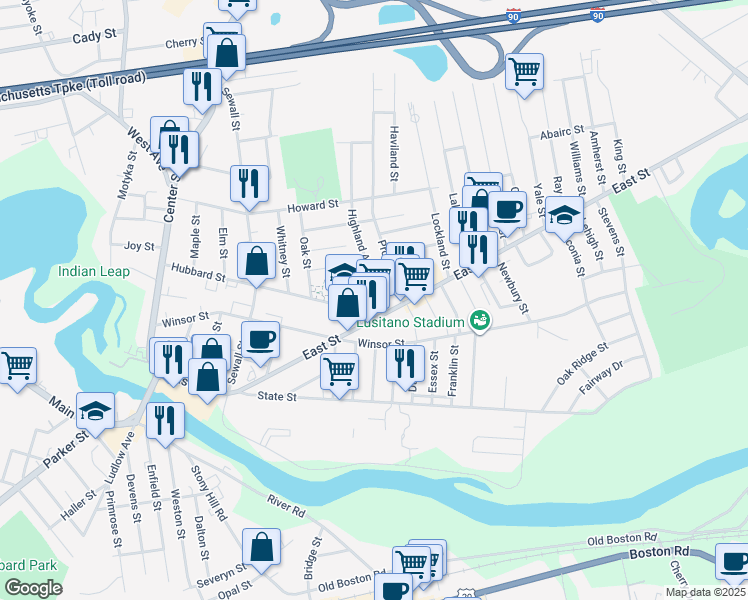 map of restaurants, bars, coffee shops, grocery stores, and more near 263 East Street in Ludlow