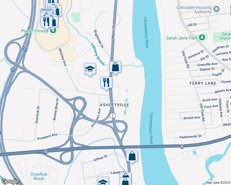 map of restaurants, bars, coffee shops, grocery stores, and more near 2045 U.S. 5 in West Springfield