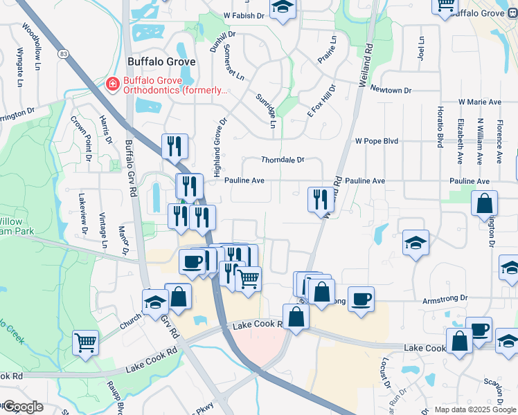 map of restaurants, bars, coffee shops, grocery stores, and more near 94 Woodstone Drive in Buffalo Grove