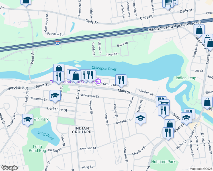 map of restaurants, bars, coffee shops, grocery stores, and more near 221 Main Street in Springfield