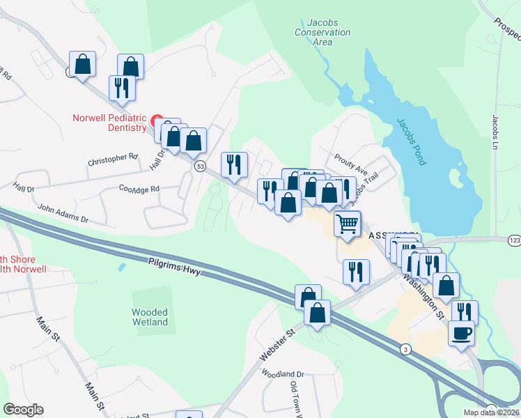 map of restaurants, bars, coffee shops, grocery stores, and more near 392 Washington Street in Norwell