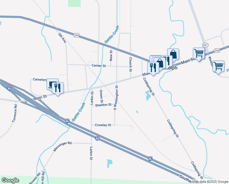 map of restaurants, bars, coffee shops, grocery stores, and more near 29 South Washington Street in Randolph