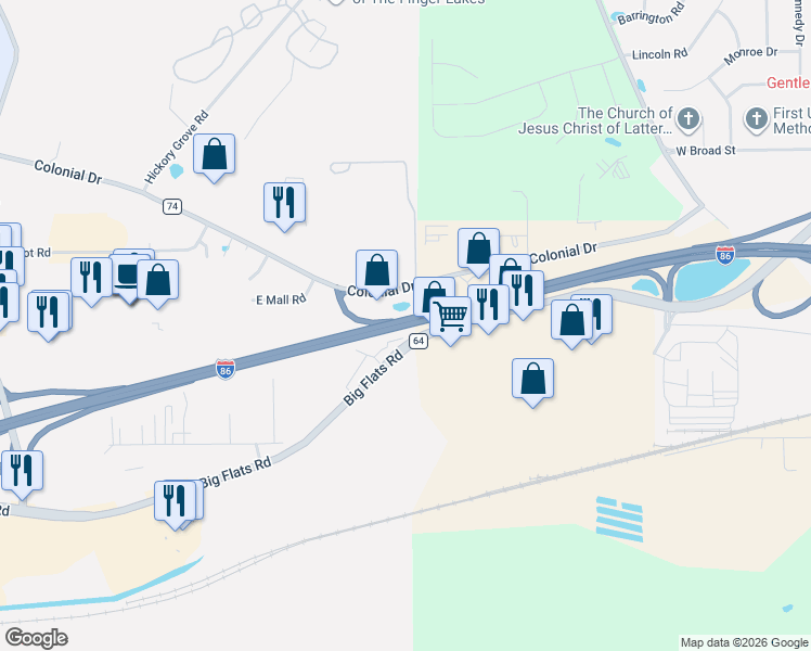 map of restaurants, bars, coffee shops, grocery stores, and more near Southern Tier Expressway in Horseheads