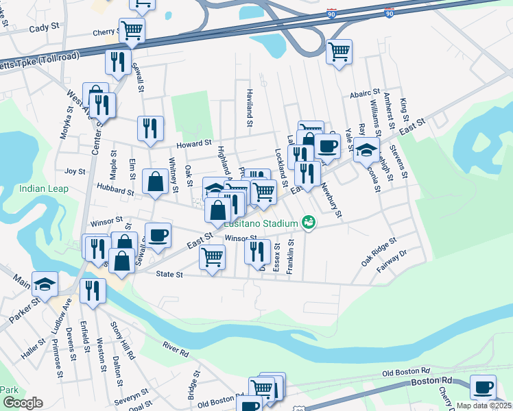 map of restaurants, bars, coffee shops, grocery stores, and more near 300-302 East Street in Ludlow