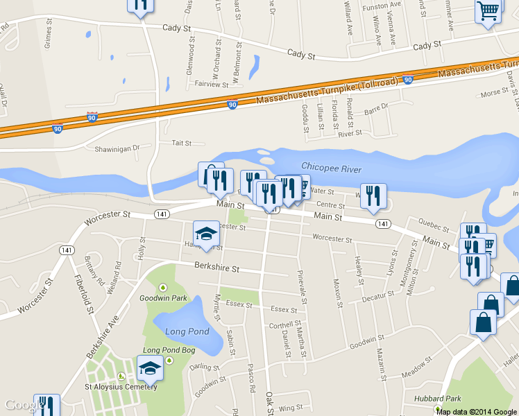 map of restaurants, bars, coffee shops, grocery stores, and more near 1196 Worcester Street in Springfield