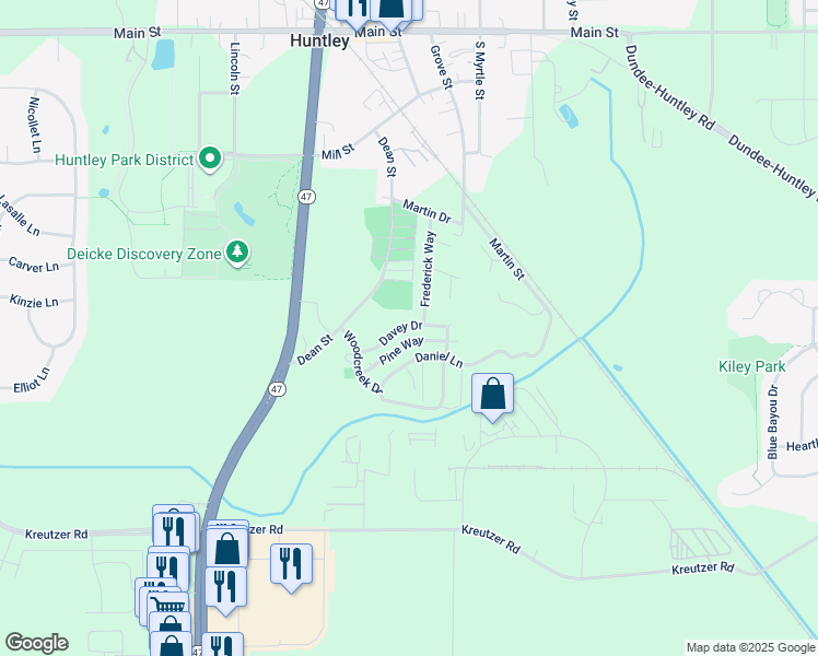 map of restaurants, bars, coffee shops, grocery stores, and more near 11735 Woodcreek Drive in Huntley
