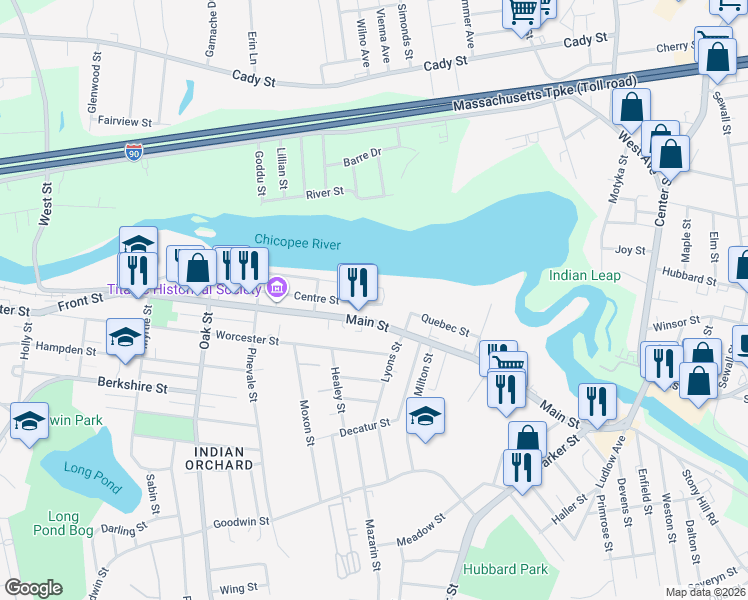 map of restaurants, bars, coffee shops, grocery stores, and more near 281 Main Street in Springfield