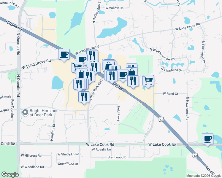 map of restaurants, bars, coffee shops, grocery stores, and more near 20446 U.S. 12 in Kildeer