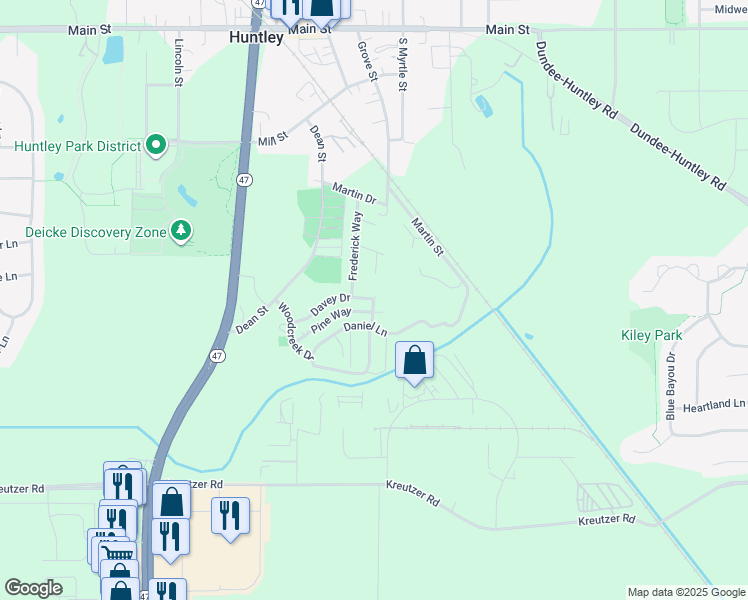 map of restaurants, bars, coffee shops, grocery stores, and more near 11700 Woodcreek Drive East in Huntley