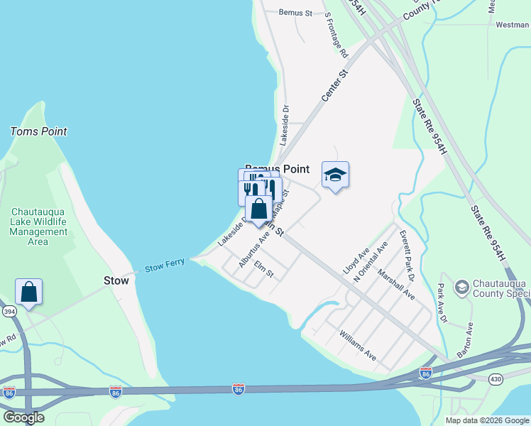 map of restaurants, bars, coffee shops, grocery stores, and more near 12 Main Street in Bemus Point
