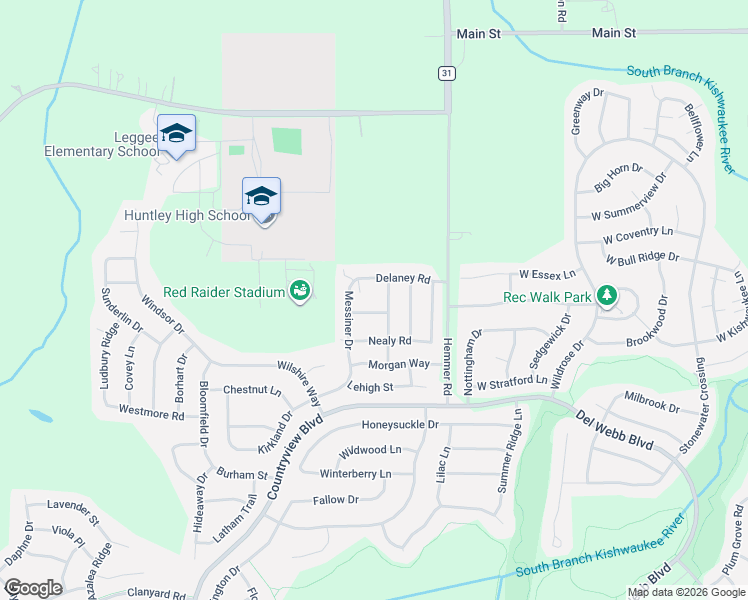 map of restaurants, bars, coffee shops, grocery stores, and more near 13512 Delaney Road in Huntley