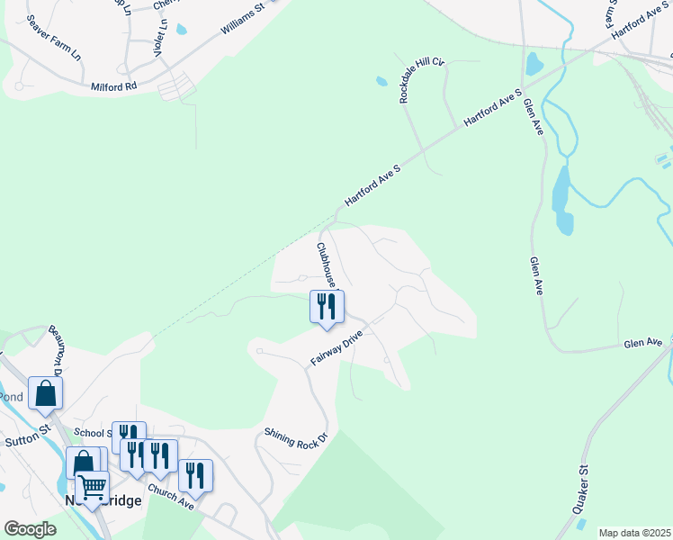 map of restaurants, bars, coffee shops, grocery stores, and more near 134 Clubhouse Lane in Northbridge