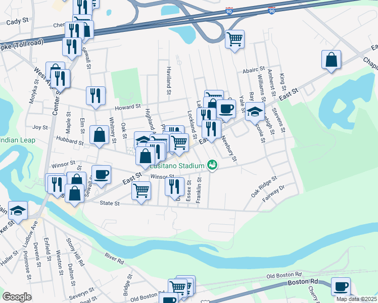 map of restaurants, bars, coffee shops, grocery stores, and more near 11 Lockland Street in Ludlow