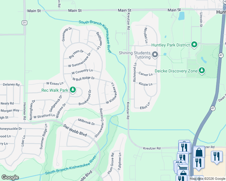 map of restaurants, bars, coffee shops, grocery stores, and more near 12751 West Kishwaukee Lane in Huntley