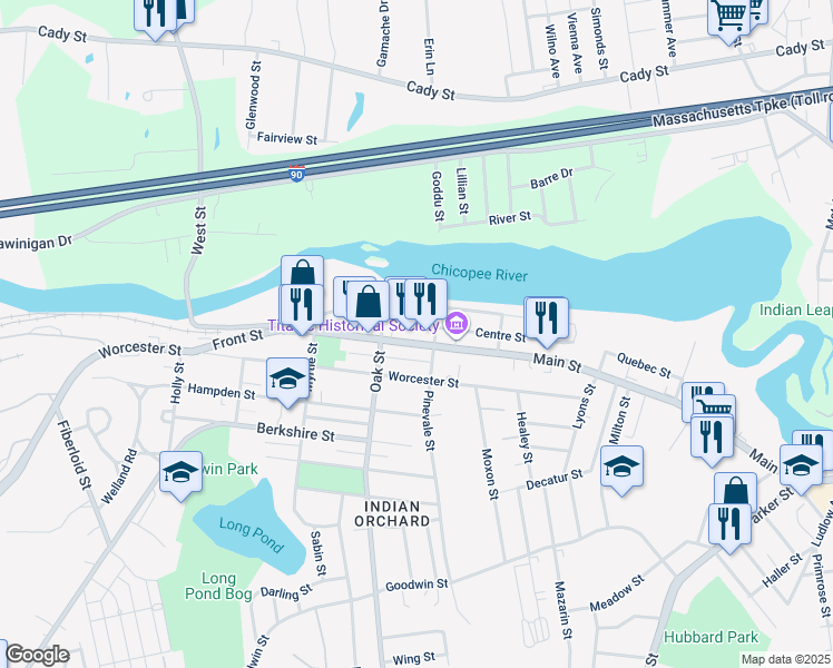 map of restaurants, bars, coffee shops, grocery stores, and more near 13 Oak Street in Springfield