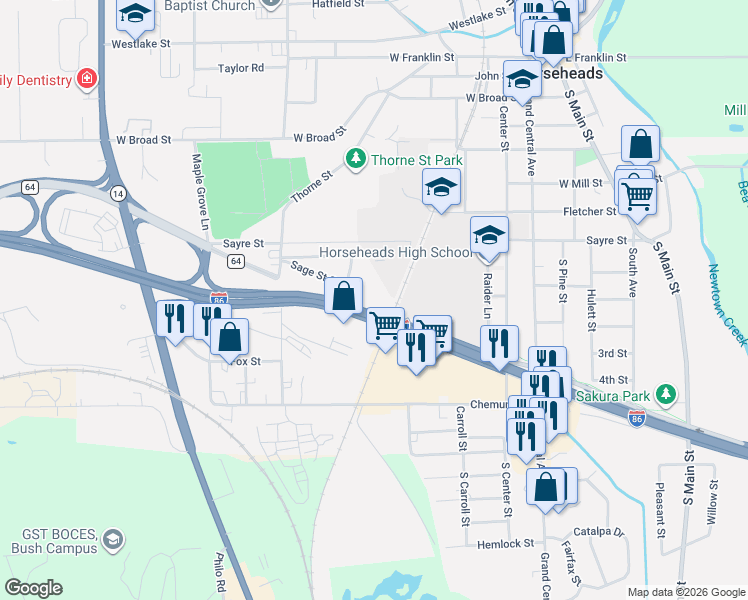 map of restaurants, bars, coffee shops, grocery stores, and more near 231 South Sage Circle in Horseheads