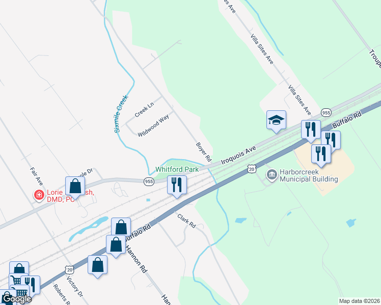 map of restaurants, bars, coffee shops, grocery stores, and more near 1330 Boyer Road in Erie