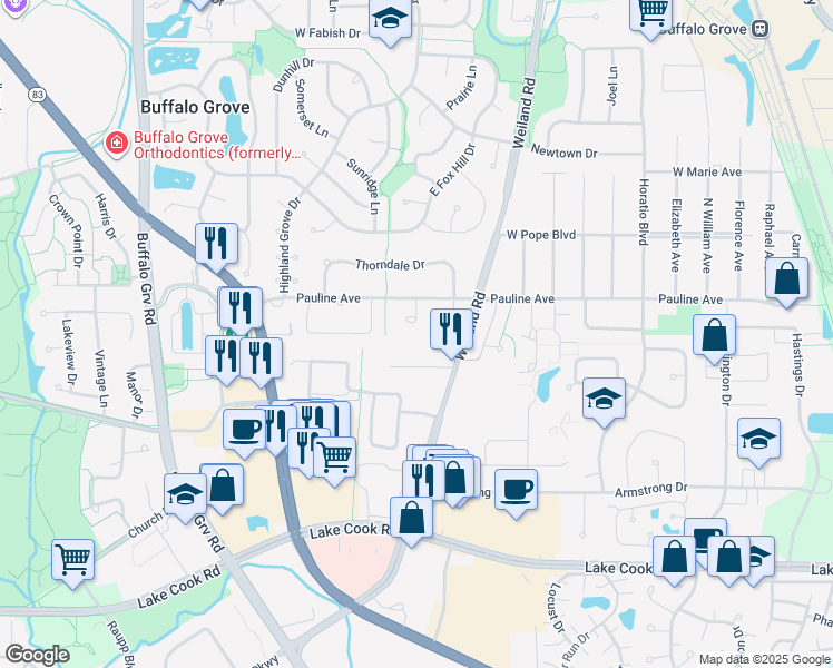 map of restaurants, bars, coffee shops, grocery stores, and more near 444 Thorndale Court in Buffalo Grove