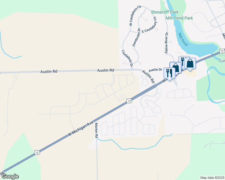 map of restaurants, bars, coffee shops, grocery stores, and more near 3501-4133 Austin Road in Saline