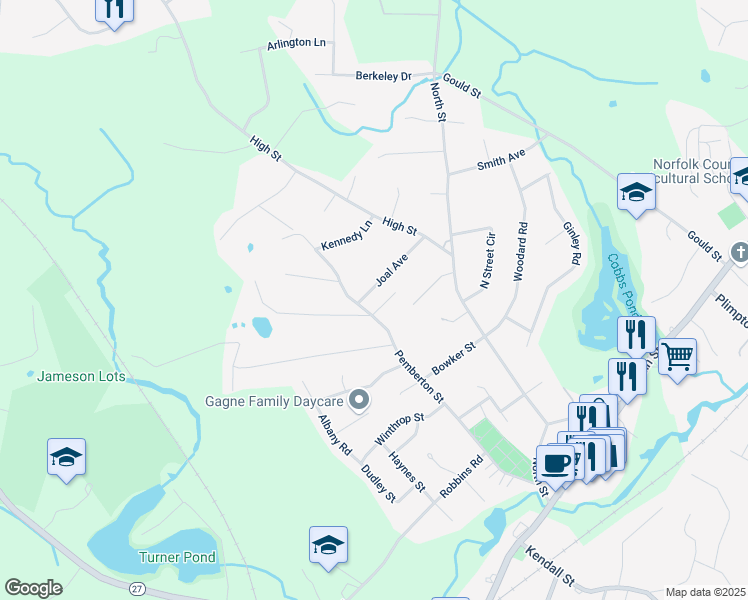 map of restaurants, bars, coffee shops, grocery stores, and more near 13 Joal Avenue in Walpole