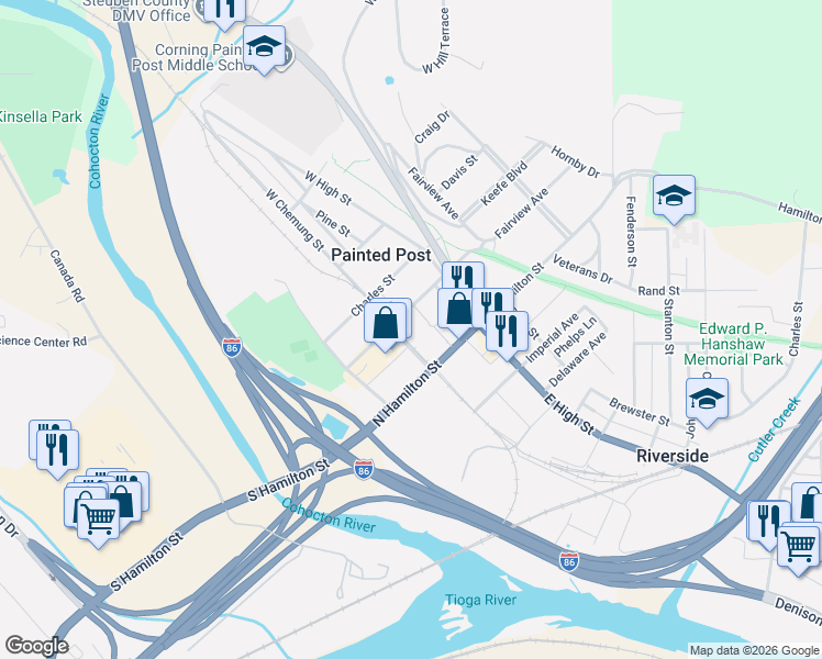 map of restaurants, bars, coffee shops, grocery stores, and more near 126 West Chemung Street in Painted Post