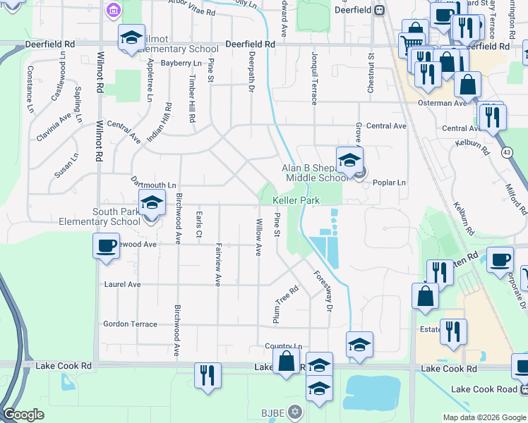 map of restaurants, bars, coffee shops, grocery stores, and more near 445 Pine Street in Deerfield