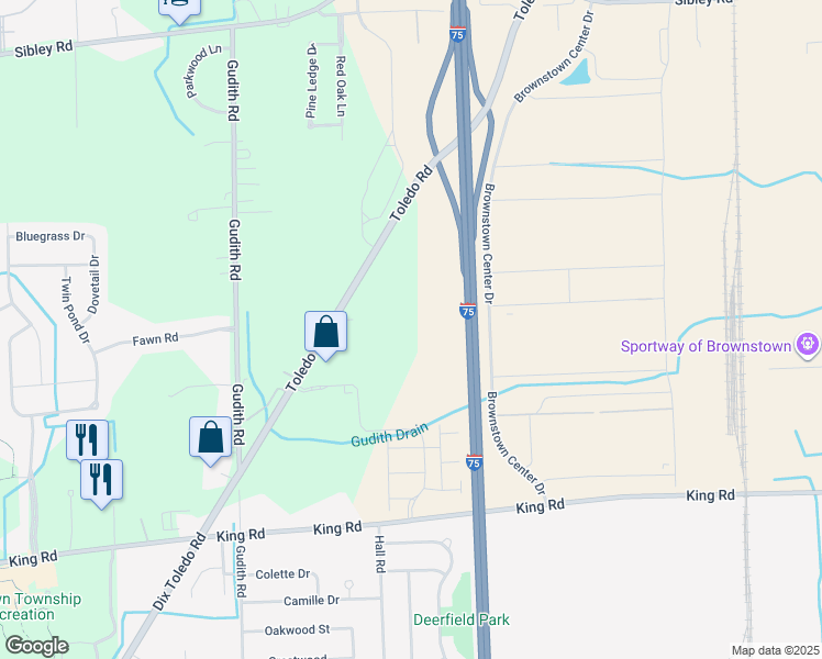 map of restaurants, bars, coffee shops, grocery stores, and more near 19901-19999 Toledo Road in Brownstown Charter Township