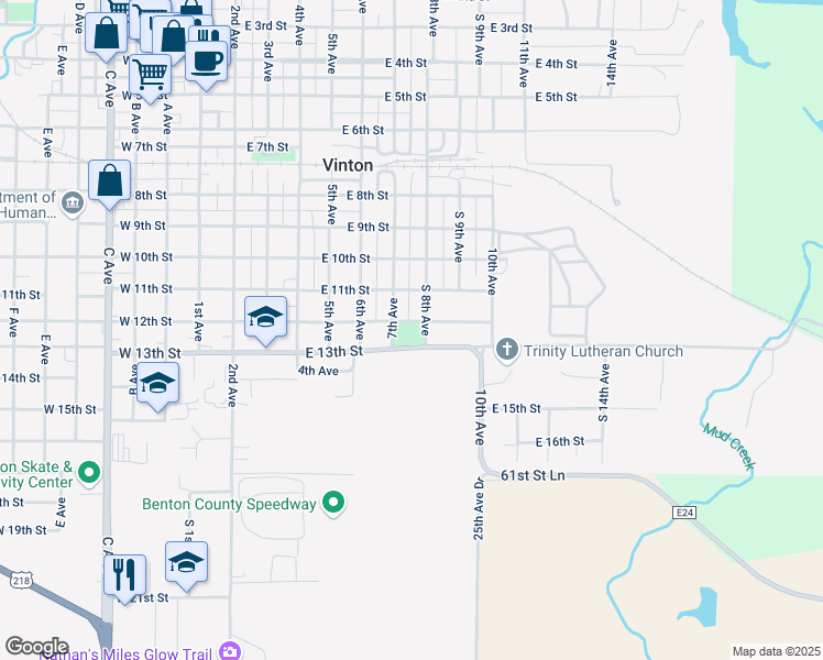 map of restaurants, bars, coffee shops, grocery stores, and more near 709 East 12th Street in Vinton