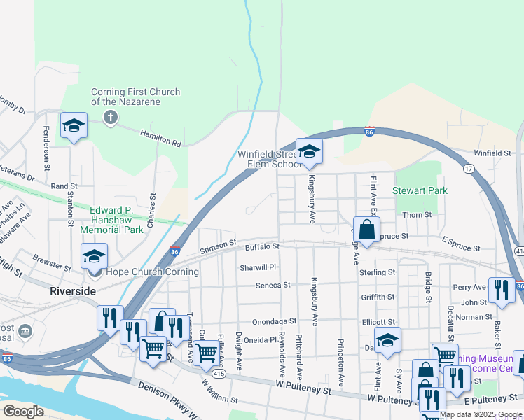 map of restaurants, bars, coffee shops, grocery stores, and more near 77 Lamphear Court in Corning
