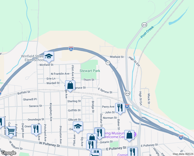 map of restaurants, bars, coffee shops, grocery stores, and more near 301 Walter Smith Terrace in Corning