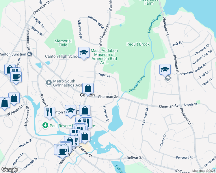 map of restaurants, bars, coffee shops, grocery stores, and more near 875 Washington Street in Canton