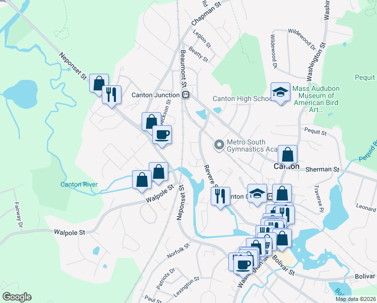 map of restaurants, bars, coffee shops, grocery stores, and more near 300 Revere Street in Canton