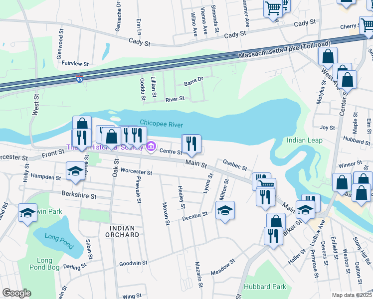 map of restaurants, bars, coffee shops, grocery stores, and more near 393 Water Street in Springfield