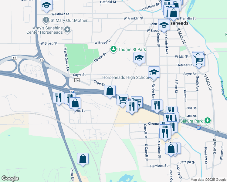 map of restaurants, bars, coffee shops, grocery stores, and more near 308 Manor Drive in Horseheads