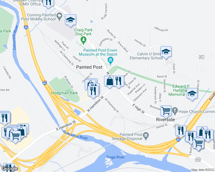 map of restaurants, bars, coffee shops, grocery stores, and more near 122 West High Street in Painted Post
