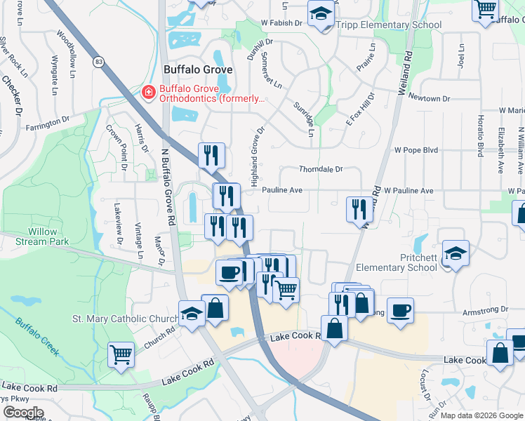 map of restaurants, bars, coffee shops, grocery stores, and more near 4 Buckingham Lane in Buffalo Grove