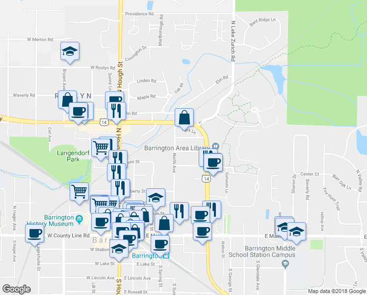 map of restaurants, bars, coffee shops, grocery stores, and more near 414 East Berry Road in Barrington