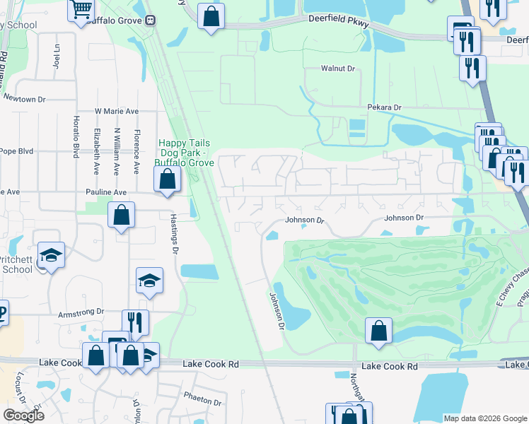map of restaurants, bars, coffee shops, grocery stores, and more near 1208 Inverrary Lane in Deerfield