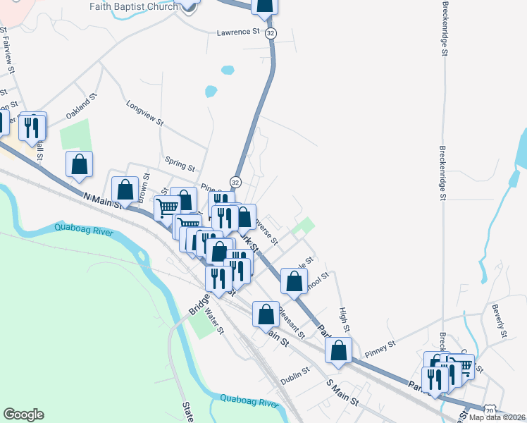 map of restaurants, bars, coffee shops, grocery stores, and more near 24 Converse Street in Palmer