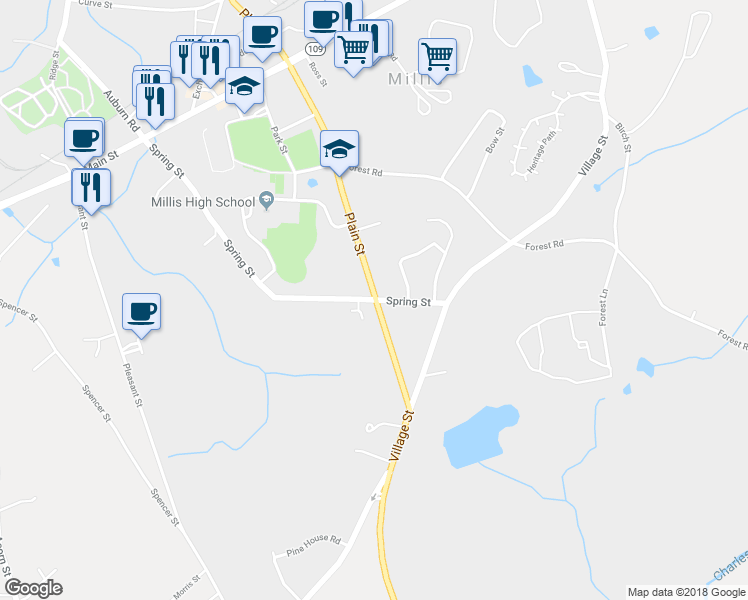 map of restaurants, bars, coffee shops, grocery stores, and more near 163 Spring Street in Millis