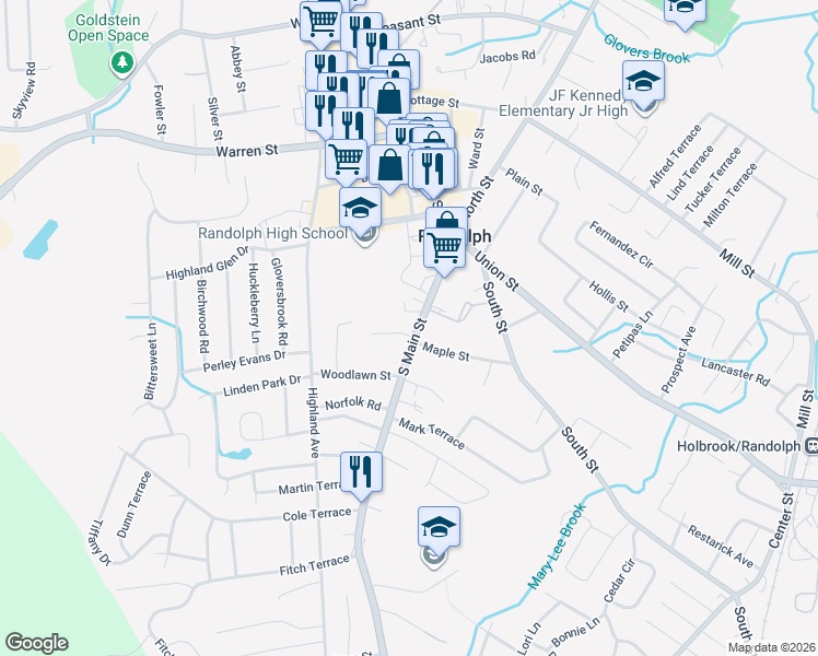 map of restaurants, bars, coffee shops, grocery stores, and more near 63 South Main Street in Randolph