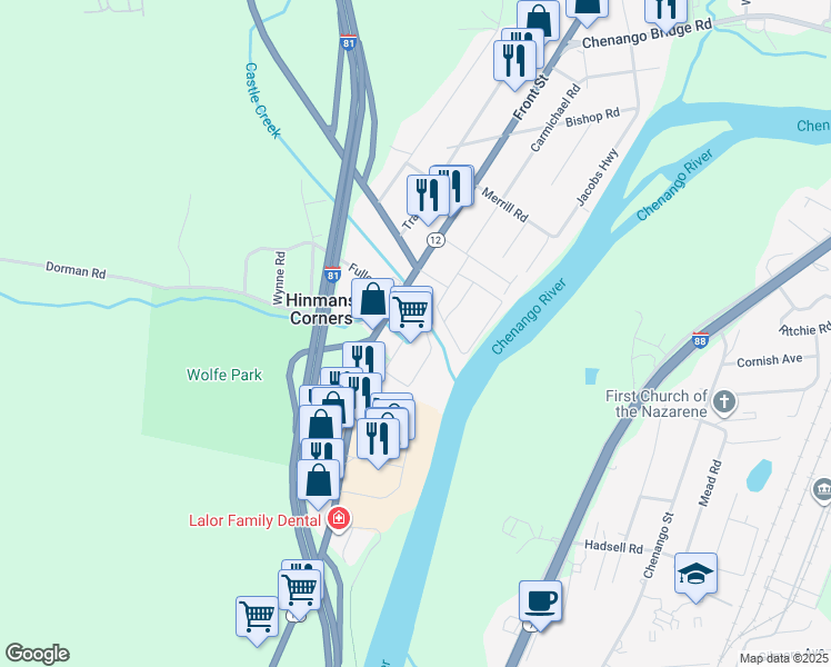map of restaurants, bars, coffee shops, grocery stores, and more near 1290 Front Street in Binghamton