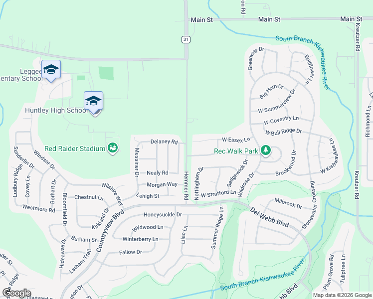 map of restaurants, bars, coffee shops, grocery stores, and more near 11640 Wembley Drive in Huntley