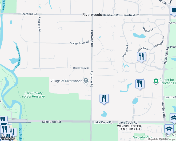 map of restaurants, bars, coffee shops, grocery stores, and more near 360 Portwine Road in Riverwoods