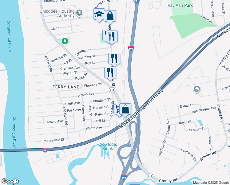 map of restaurants, bars, coffee shops, grocery stores, and more near Massachusetts 116 in Chicopee