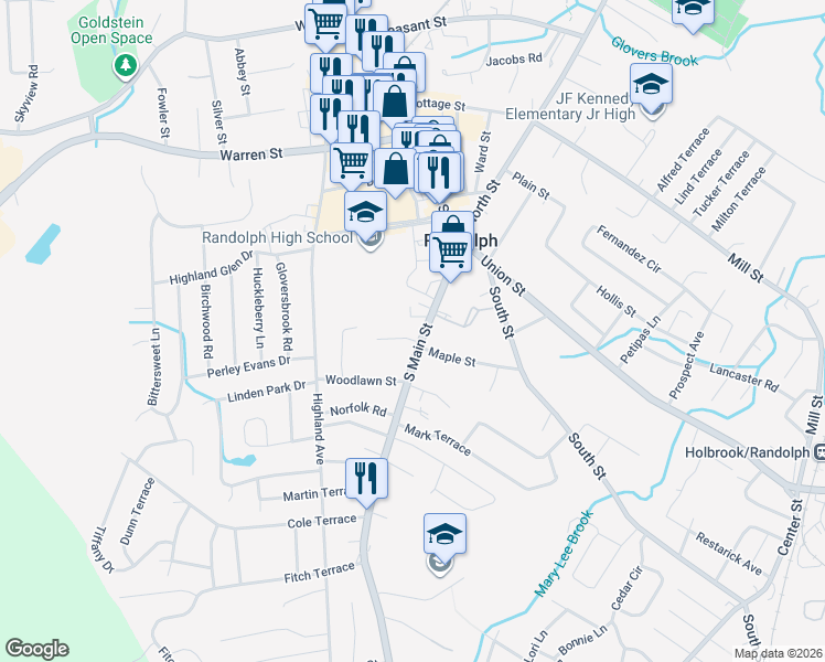 map of restaurants, bars, coffee shops, grocery stores, and more near 63 South Main Street in Randolph
