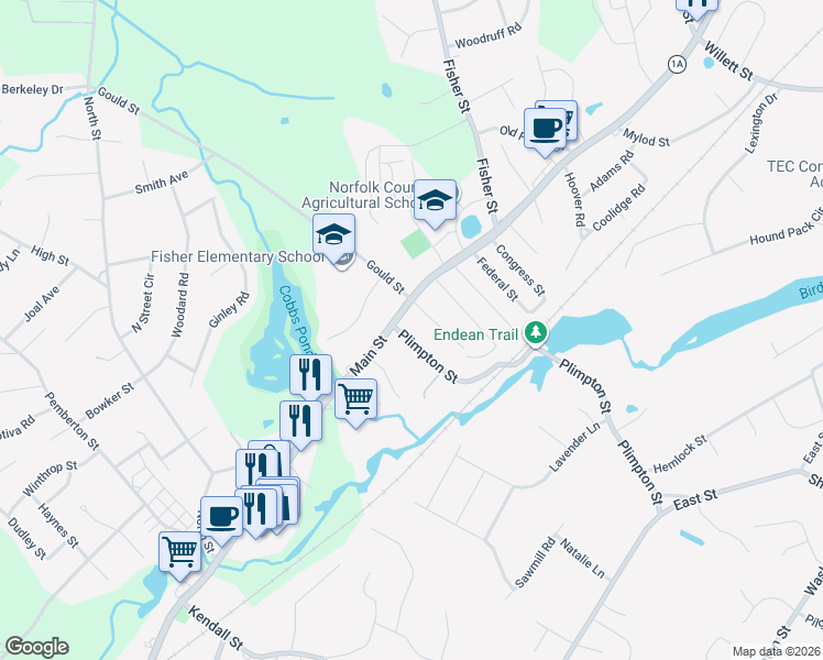 map of restaurants, bars, coffee shops, grocery stores, and more near 445 Main Street in Walpole