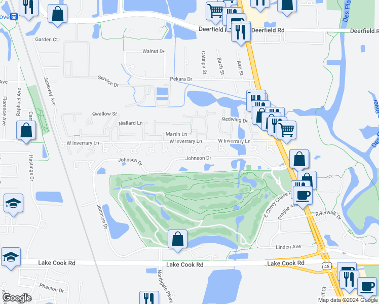 map of restaurants, bars, coffee shops, grocery stores, and more near 558 Inverrary Lane in Deerfield