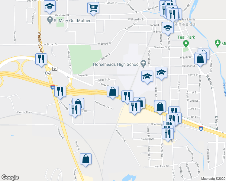 map of restaurants, bars, coffee shops, grocery stores, and more near 220 South Sage Circle in Horseheads